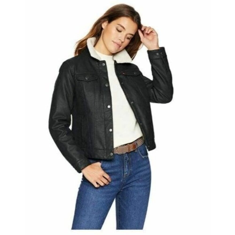 LEVI'S Classic Faux Sherpa Lined Faux Leather Trucker Jacket Women SZ S NWT